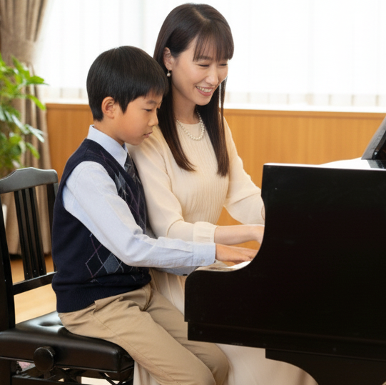 男児と愉美先生のレッスンの様子の写真