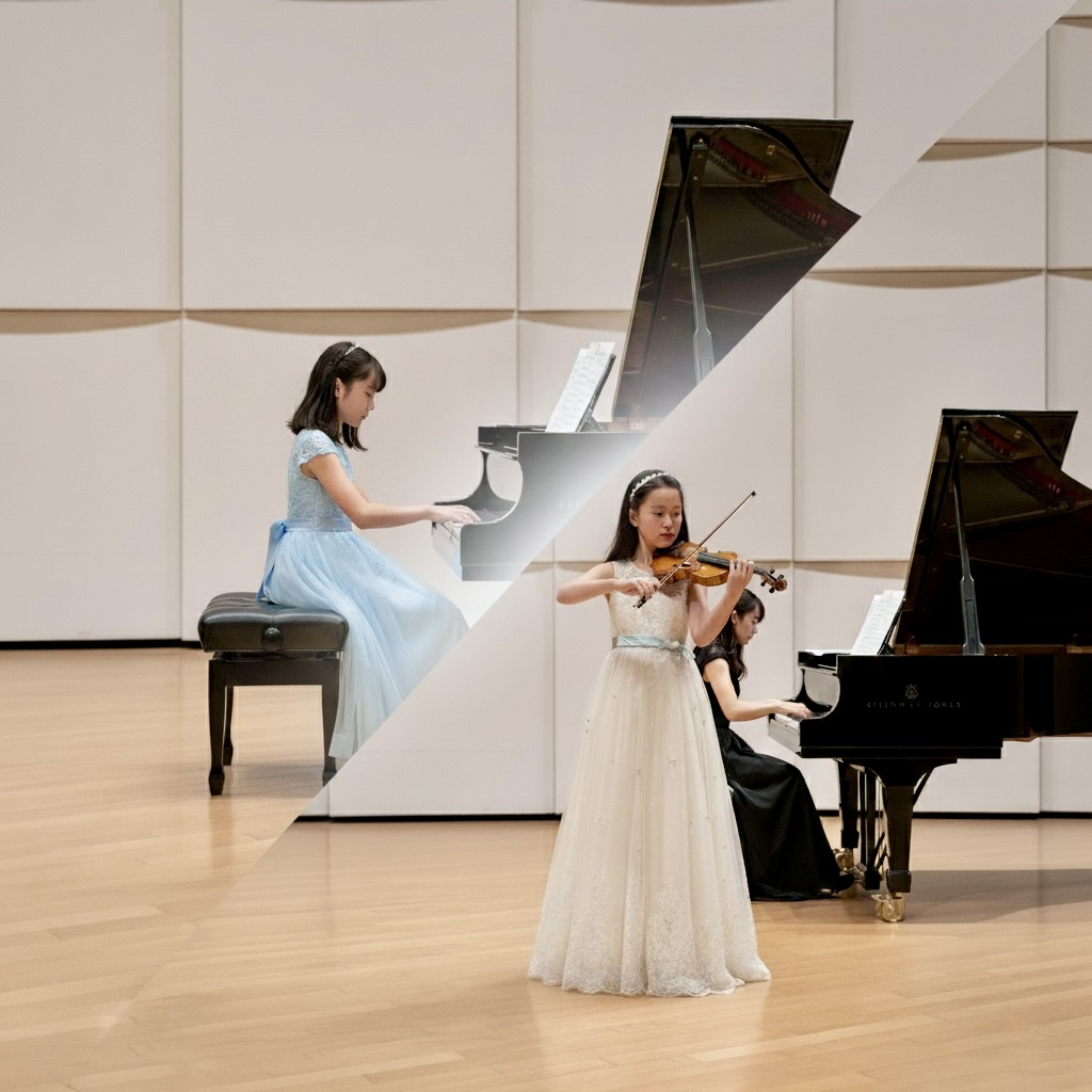 発表会でのピアノとヴァイオリンの演奏の写真